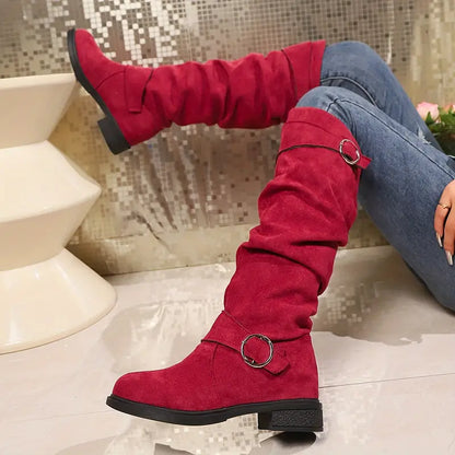 🎄Last day 49% Off❤️ Women's Solid Color Trendy Boots, Buckle Belt Pull On Chunky Heel High Knee Boots, Winter Round Toe Slouchy Boots