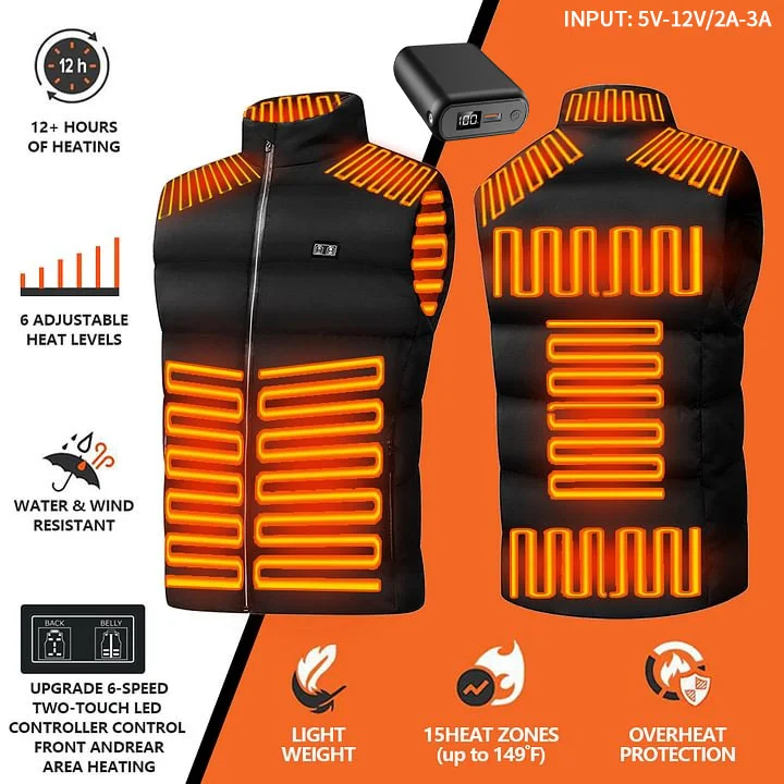 2024 Updated Version Two-touch 15Heat Zones LED Controller Heated Vest For Men & Women (With Battery Pack)