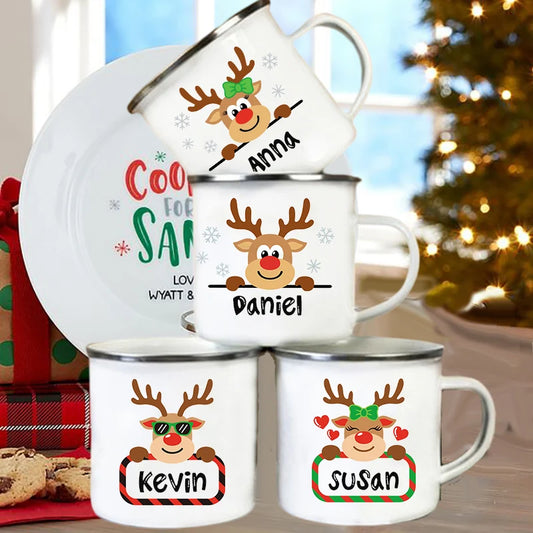 Personlized Deer Sibling Matching Mug Christmas Enamel Cups Custom Name Cocoa Chocolate Drink Jiuce Handle Mugs Gifts for Child