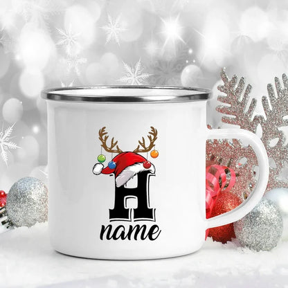 Personalized Christmas Enamel Mugs Custom Deer Horn Christmas Hat Letter Coffee Cups Xmas Party Cocoa Milk Juice Cups Xmas Gift