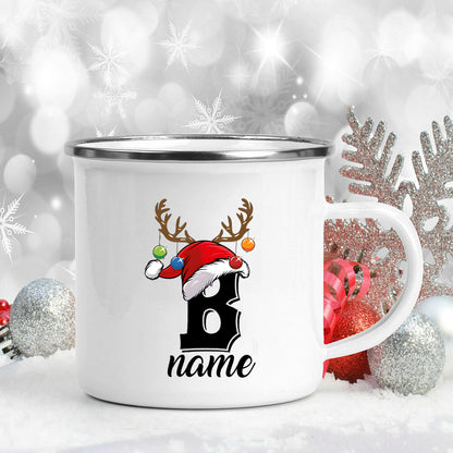 Personalized Christmas Enamel Mugs Custom Deer Horn Christmas Hat Letter Coffee Cups Xmas Party Cocoa Milk Juice Cups Xmas Gift