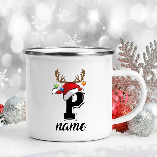 Personalized Christmas Enamel Mugs Custom Deer Horn Christmas Hat Letter Coffee Cups Xmas Party Cocoa Milk Juice Cups Xmas Gift