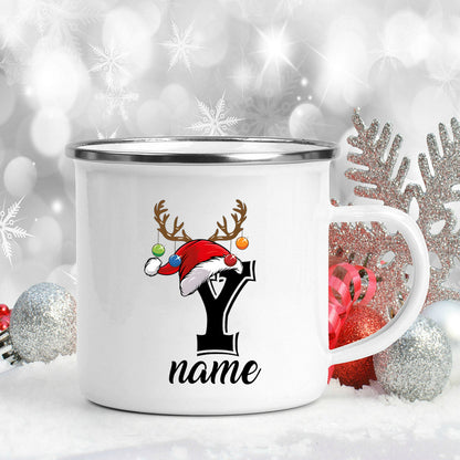 Personalized Christmas Enamel Mugs Custom Deer Horn Christmas Hat Letter Coffee Cups Xmas Party Cocoa Milk Juice Cups Xmas Gift