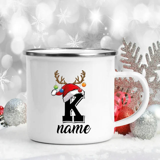 Personalized Christmas Enamel Mugs Custom Deer Horn Christmas Hat Letter Coffee Cups Xmas Party Cocoa Milk Juice Cups Xmas Gift