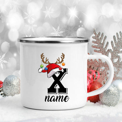 Personalized Christmas Enamel Mugs Custom Deer Horn Christmas Hat Letter Coffee Cups Xmas Party Cocoa Milk Juice Cups Xmas Gift