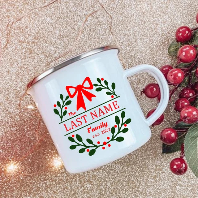 Personalized Custom Name Wreath Enamel Mug Christmas Family Party Coffee Wine Mug Xmas Decor Hot Cocoa Juice Cup Christmas Gifts