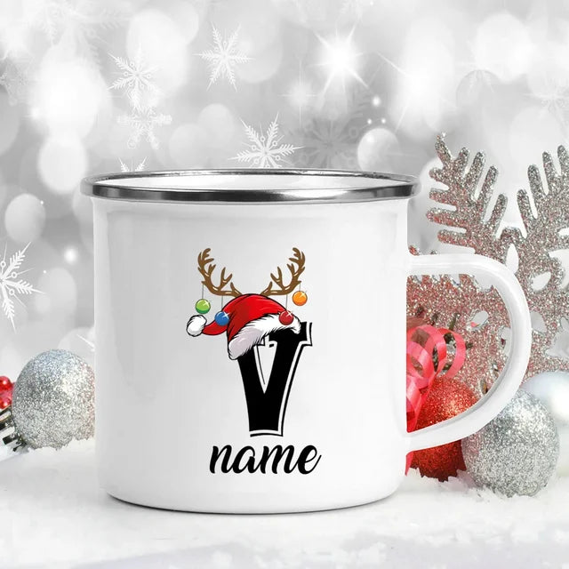 Personalized Christmas Enamel Mugs Custom Deer Horn Christmas Hat Letter Coffee Cups Xmas Party Cocoa Milk Juice Cups Xmas Gift