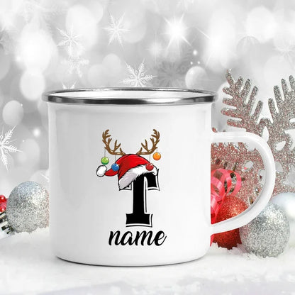 Personalized Christmas Enamel Mugs Custom Deer Horn Christmas Hat Letter Coffee Cups Xmas Party Cocoa Milk Juice Cups Xmas Gift