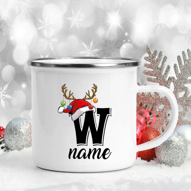 Personalized Christmas Enamel Mugs Custom Deer Horn Christmas Hat Letter Coffee Cups Xmas Party Cocoa Milk Juice Cups Xmas Gift